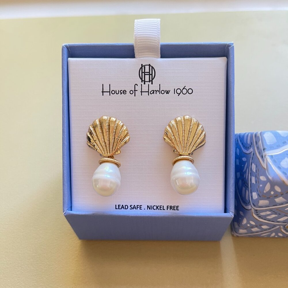 New House of Harlow 1960 Earrings Gold Shell Pearl Dangle Pierced Beach in Box